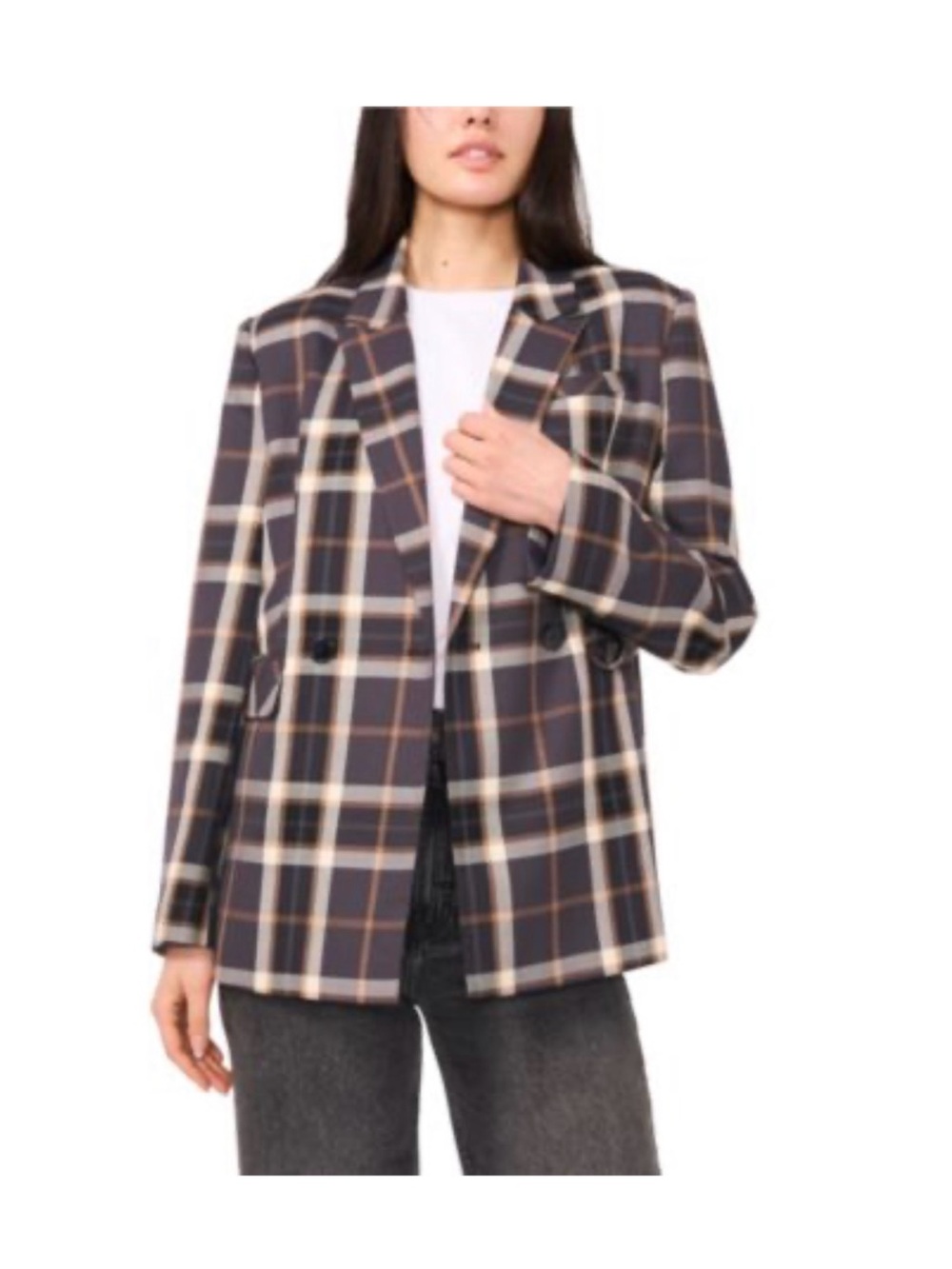 TATE Woven Plaid Print Peak Lapel Long Sleeve Blazer